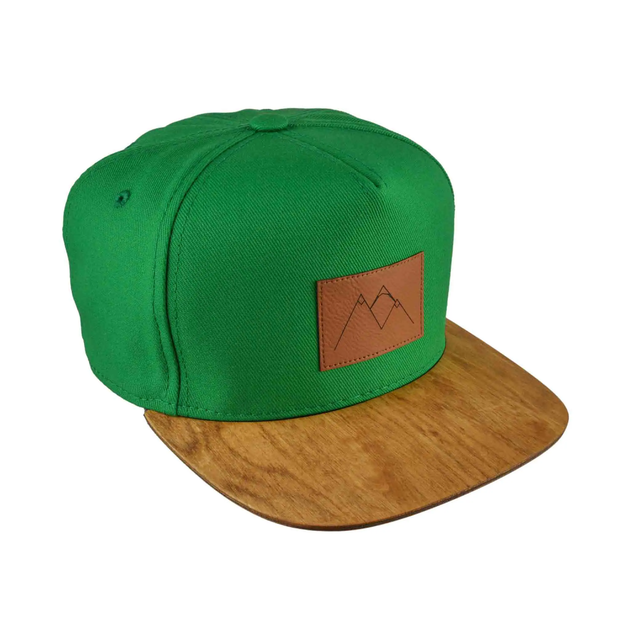 Mountain colorful cap with a wooden brim. Wooden snapback cap